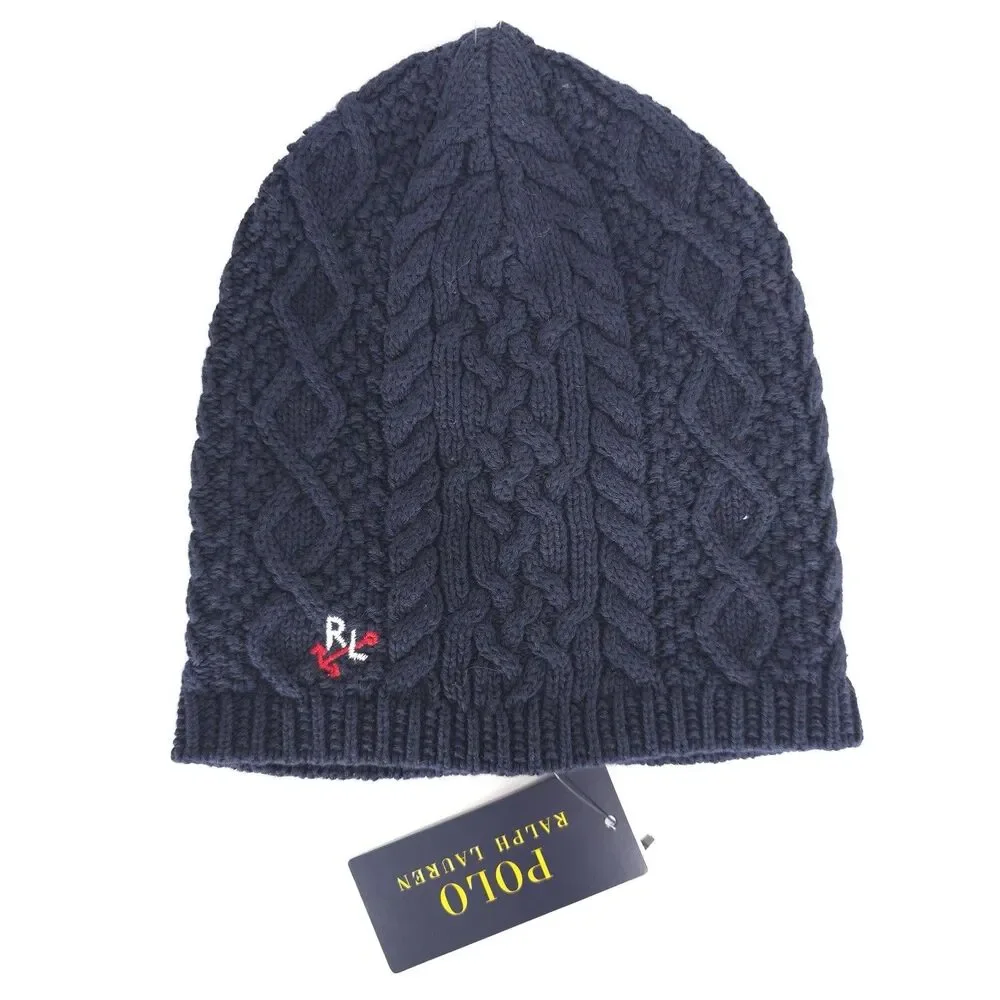 POLO RALPH LAUREN New Beanie One Size 7-16 Navy Blue Aran Cable Knit Embroidered